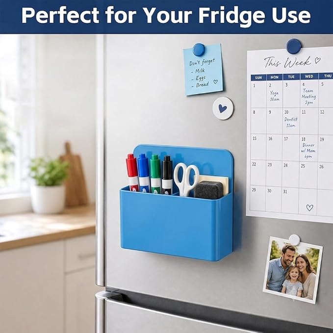 Magnetic Pencil Pen Holder, 2 PCS Dry Erase Marker Holder for Whiteboard, Blue Magnet Storage Pencil Cup Case Box Fridge Organizers Locker Accessories for Office School Classroom Teacher Must Haves