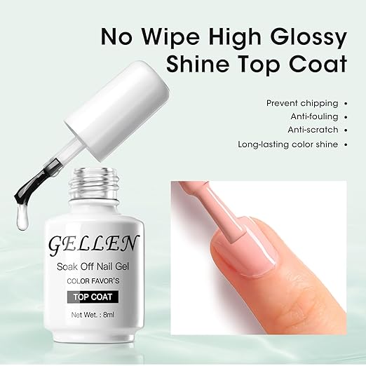 Gellen Gel Top and Base Coat, 2pcs Clear Gel Nail Polish Set, 8ml No Wipe Gel Top Coat Nail Polish, Long Lasting Base Coat Gel Manicure, Soak Off LED Nail Lamp Base Top Coat for Nail Salon, Nail Art