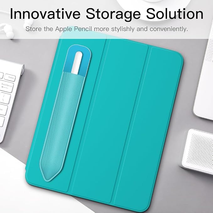 MoKo Adhesive Pencil Case Holder Sticker for Apple Pencil, Cyan Blue | Elastic Pencil Pocket Pouch, Adhesive Sleeve, Attached to iPad Case, For Pro/USB-C/1st/2nd Gen and Similarly Stylus Pens