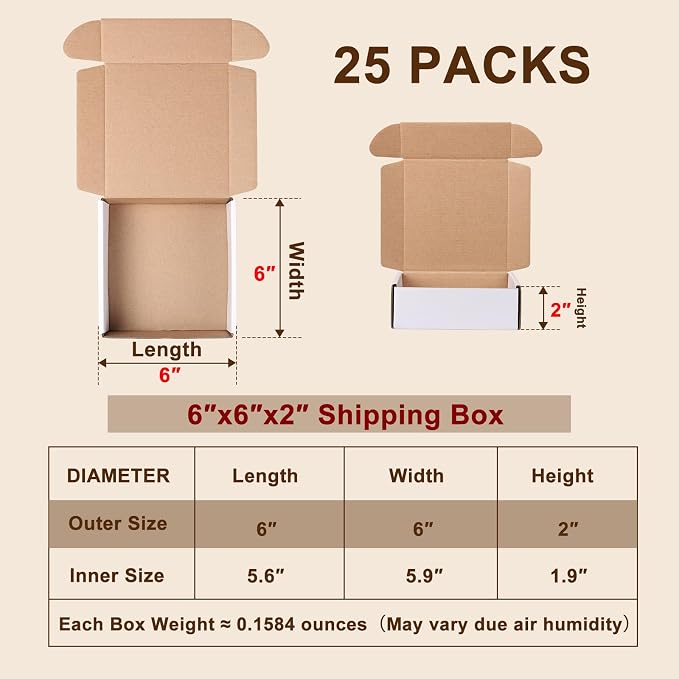 6x6x2 Inches Shipping Boxes Set of 25, White Corrugated Cardboard Boxes, Mailer Boxes for Small Business