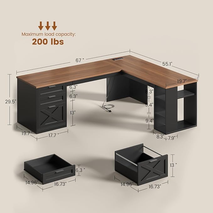 SEDETA 67" Farmhouse Executive L Shaped Desk with 3 Drawers | Executive Home Office Desks with Storage Shelves, Corner Computer Desk with Power Outlets for Home Office,Black and Brown