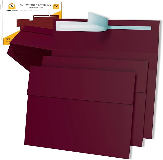 110 5x7 Burgundy Invitation Envelopes - for 5x7 Cards - A7 - (5 ¼ x 7 ¼ inches) - Perfect for Weddings, Graduation, Baby Shower - 120 GSM - Peel, Press & Self Seal - Square Flap