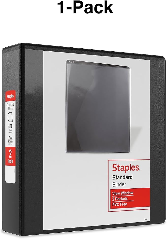 Staples Standard 2-Inch D-Ring View Binder, Black, 480 Sheets | Durable 3-ring binder for office, school, and home document storage.