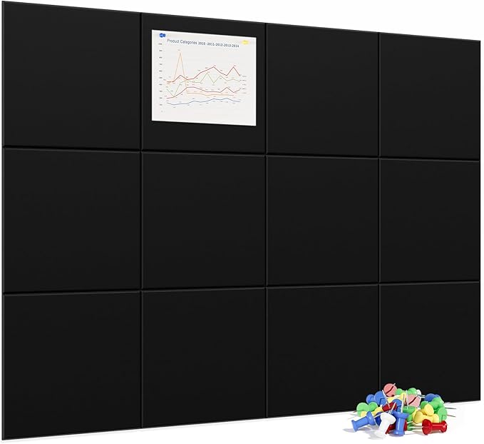 Large Cork Board for Wall, 48" x 36" Bulletin Board with Pushpins, 12 Panels Felt Tiles Tack Push Pin Board for Office, Black