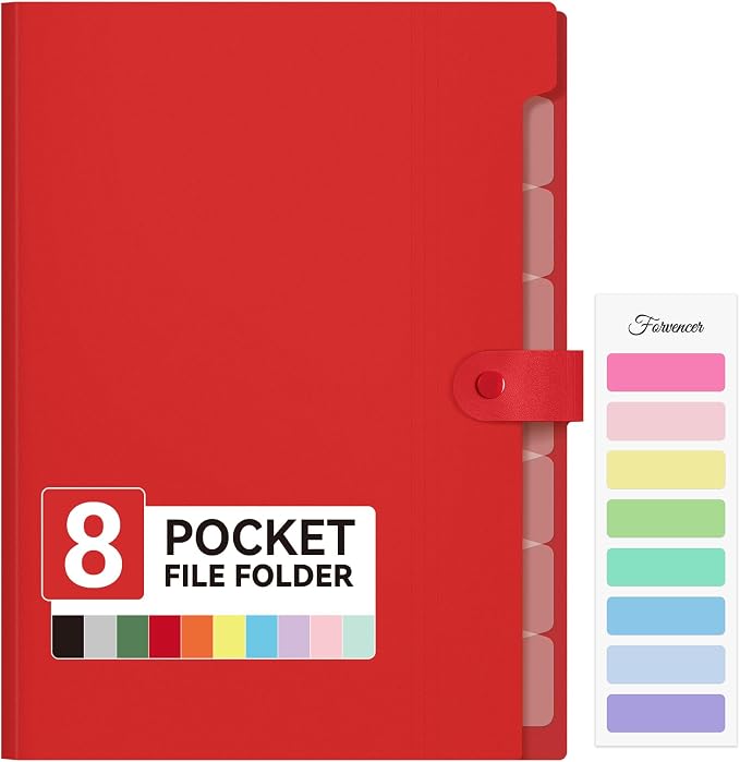 Forvencer Expanding File Folder 8 Pocket, Accordion File Organizer, Letter | Portable Folders for Documents, Cute Paper Organizer, Filling Products for School Office Supplies, A4 Size, Red