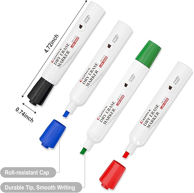 Comix Dry Erase Markers, Chisel Tip Whiteboard Markers, 36 Bulk 4 Assorted Color Low Odor Markers for Classroom, Teachers, Office, School Supplies