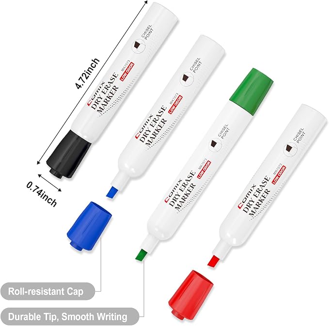 Comix Dry Erase Markers, Chisel Tip Whiteboard Markers, 36 Bulk 4 Colors | Low Odor, Non-toxic, Smooth Writing, Easy to erase, Suitable for Classroom, Teachers, Office, School Supplies