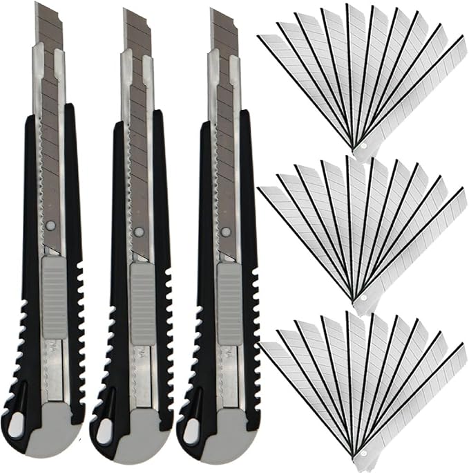 9mm Snap Off Utility Knife 3 Pack High Hardness Retractable Box Cutters with 30 Pcs Snap Off Blades,Package Cutter 9mm Knife for Home Office Workstation,Black