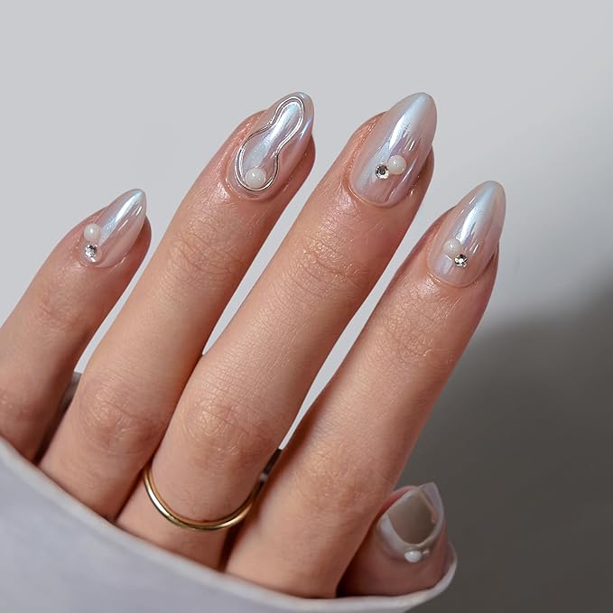 BTArtbox Press On Nails Short - Pearl Accents Chrome Almond Press On Nails with Glue for Women, Opaque Soft Gel Glue On Nails in 16 Sizes - 32 Stick On Nails Kit, Tidal Pearl