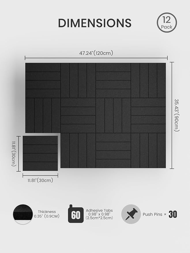 Bumusty 48"x 36" Large Felt Bulletin Board Tiles, Black | 12-Pack Cork Board Alternative, Wall Decor, 30 Pushpins, 60 Adhesive Tabs, Vision Board, Office, Classroom, Home, Dorm