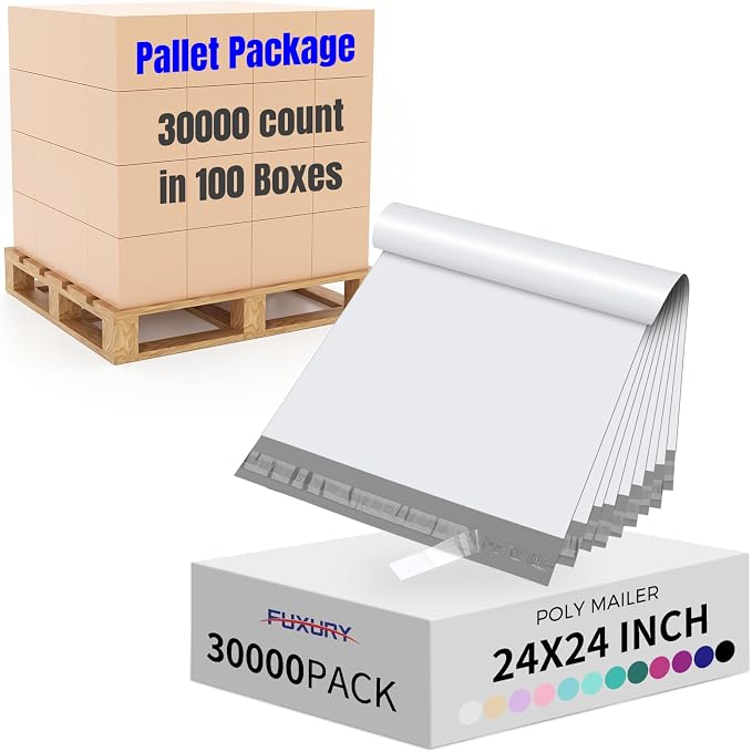 Fuxury 30000Pcs 24x24" Poly Mailers Pallet,White Shipping Bags for Clothes | Heavy Duty Self Seal Mailing Envelopes,Strong Adhesive Packaging Mailers Poly Bag Large For Clothes Business