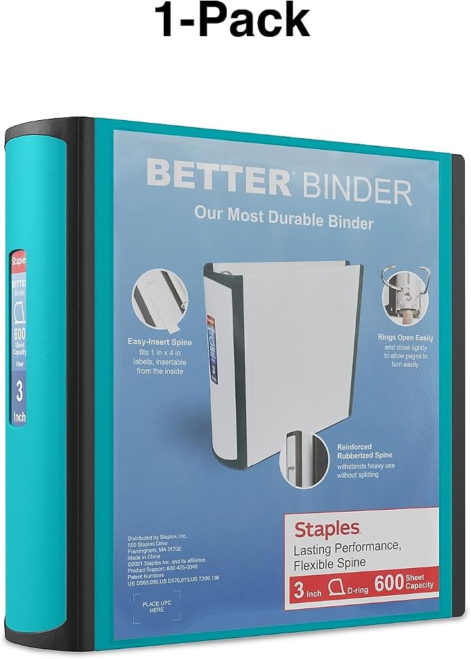Staples 3-Inch 3-Ring Better Binder, Durable View Binder for Office & School Organization, Light Blue, 2-Pack