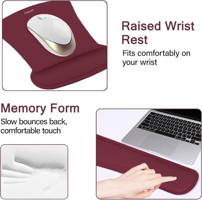 MOSISO Keyboard Mouse Pad Set, Large Gaming Mousepad&Keyboard Wrist Rest | Mouse Wrist Rest&Coaster, Ergonomic Non-Slip Mousepad&Easy Typing Cushion with Memory Foam for Home Office, Wine Red