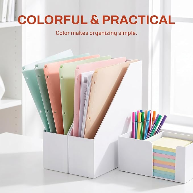 SUNEE 3 Hole Folders with Pockets (6 Pack, Vintage Colors) Plastic Folders for 3 Ring Binder, Heavy Duty Binder Folder for Document for School, Students, Teachers, Office Staf