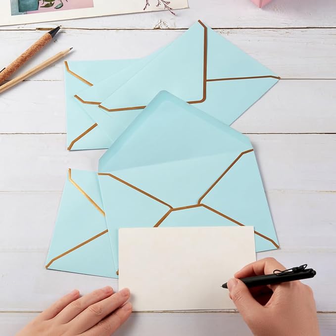 50 Pieces A7 Envelopes with Gold Border, 5.24 x 7.21 Inches Envelopes with Gold Stickers for Greeting Cards and Invitation (Light Blue, A7-5x7)