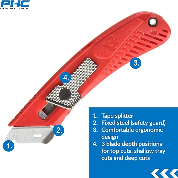 Pacific Handy Cutter S4SL (New E21204-2) Self-Retracting Safety Cutter Fixed Metal Guard for Damage Protection, Retractable Utility Knife with Bladeless Tape Splitter, for Warehouse & In-Store Cutting
