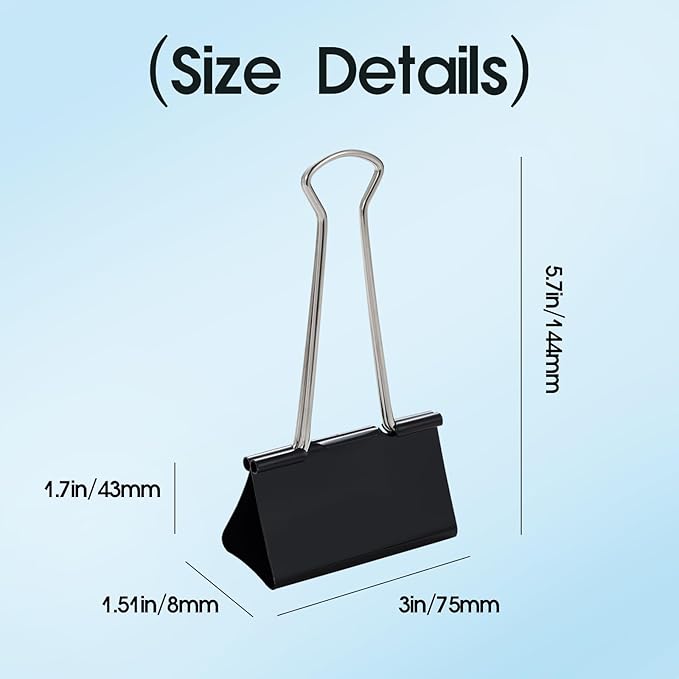 Jumbo Binder Clips 3 Inch, Black, Binder Clips Extra Large Heavy Duty for Office Supplies (6)