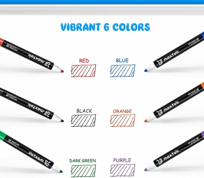 maxtek Dry Erase Markers - 6 Count Colorful Magnetic Dry Erase Markers Fine Tip with Eraser, Low Odor Whiteboard Markers for Calendar Boards