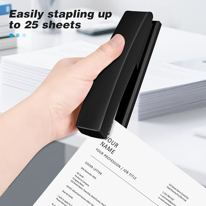 Stapler with 5000 Staples - 25 Sheet Capacity, Staplers for Desk, Black | Non-Slip Office Stapler for classroom, home, School