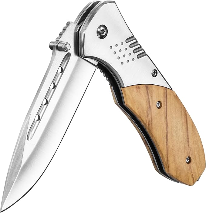 Pocket Knife for Men - Sharp Blade Wood Handle Pocket Folding Knives with Clip, Glass Breaker - EDC Knives for Survival Camping Fishing Hiking Women, Large, Olive