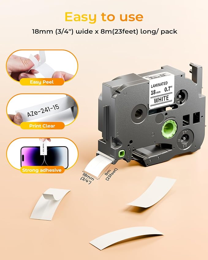 Replace for Brother Label Maker Tape 18mm 0.7 Inch Tz Laminated White | with Bag TZe-241 TZe241 P-Touch Black on White for PTD410 PTD400 PTD610BT PTD600 PTP700BT Refill,18 mm(3/4 Inch) x 8m, 15 PK