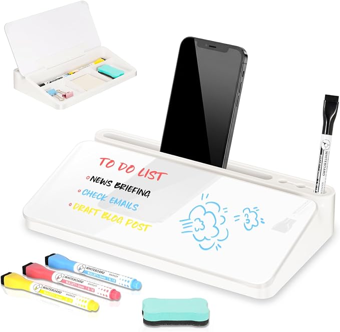 DOLLAR BOSS 12"x7" Small Glass Desktop Whiteboard, White | Dry Erase Board with Storage Drawer, Computer Keyboard Stand, Desk Organizer, Office Accessories, School Supplies