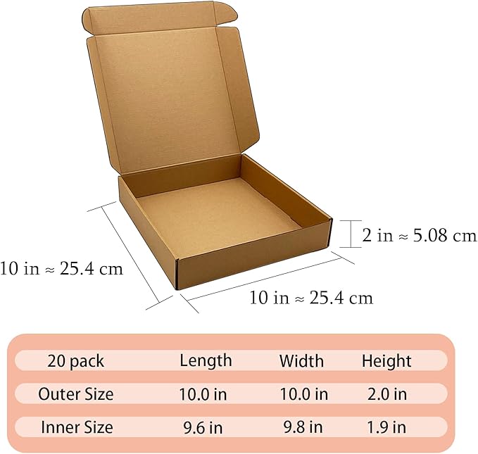 10 x 10 x 2 inch Shipping Boxes Set of 20， Brown Corrugated Cardboard Box Mailer Boxes for Packaging Small Business Shipping，Mailing Boxes Bulk for Birthday Wedding Party Book Literature Gift Giving