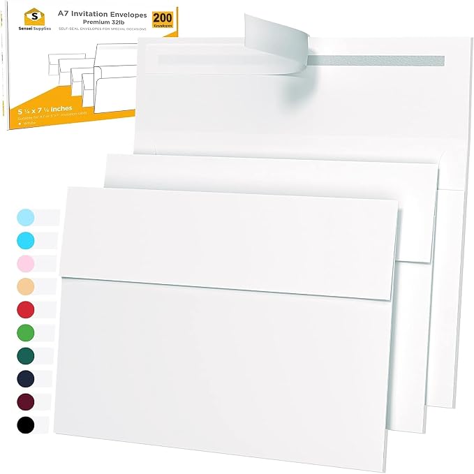 200 Pack 5x7 White Invitation Envelopes - For 5x7 Cards - A7 - (5 ¼ x 7 ¼ inches) - Perfect for Weddings, Graduation, Baby Shower - 120 GSM - Peel, Press & Self Seal - Square Flap