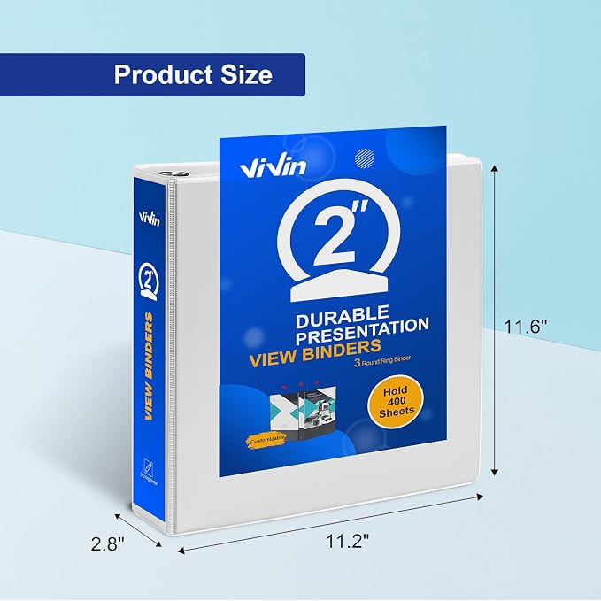 3 Ring Binder 2 Inch, ViVin Sturdy 2"-Round Ring Binder with 2 Interior Pockets, Clear View Cover, PVC-Free, Fits 400 Sheets of 8.5'' x 11'' Paper, Office Home School (6 Pack, White) | 2"-Round Ring Binder with Clear View Cover, PVC-Free, Fits 400 Shee...
