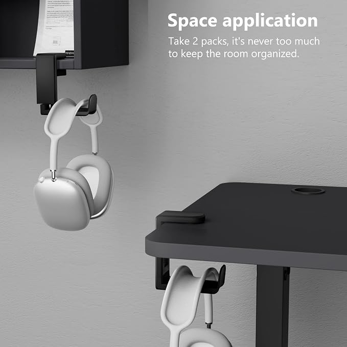 EURPMASK 2 Pack Rotating Headphone Stand,Adjustable Clamp-on Headset Holder | 360°Swivel,Headset Hanger Hook Under Desk,No Residue,Cable Organizer,Soft Rubber Pads,Keep Headphones Secure&Desk Tidy,Black
