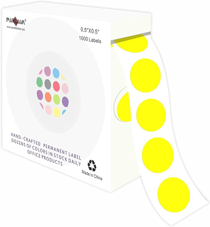 PARLAIM 1/2 Inch Color-Code Dot Stickers,1000 per Roll dots Label Dispenser Box,Color Coding Circle Stickers(Yellow)