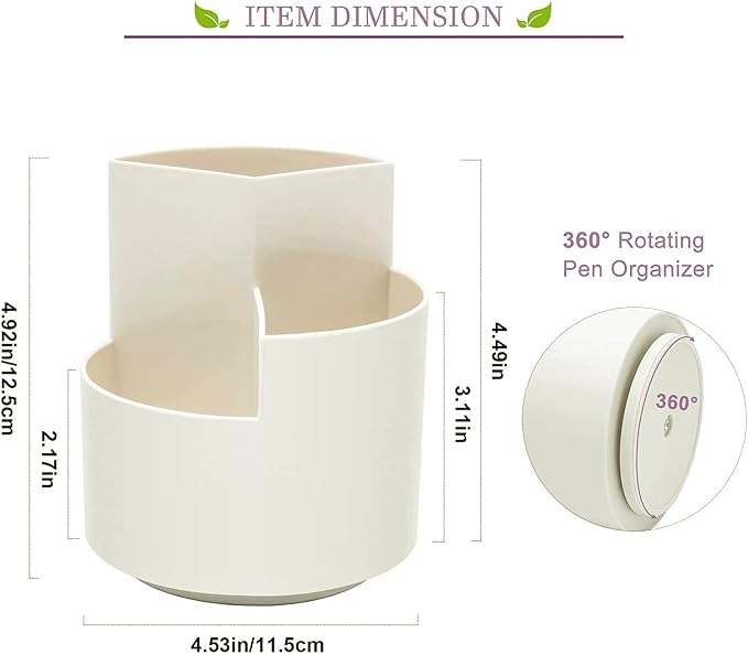 Siveit Desk Pencil Pen Holder, Desk Organizers 3 Slots 360-Degree Rotating Pen Holder for Desktop Storage Stationery Supplies Organizer, Home, Office, School, Kids, White