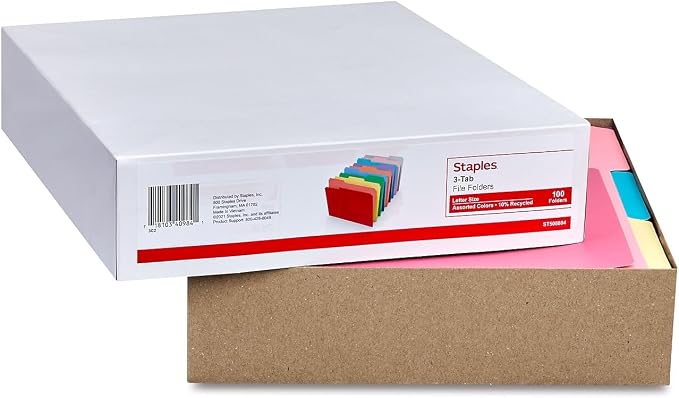 Staples File Folders, Letter Size, 1/3‑Cut Tabs, Assorted Colors, Durable Paper Stock, 200/Carton