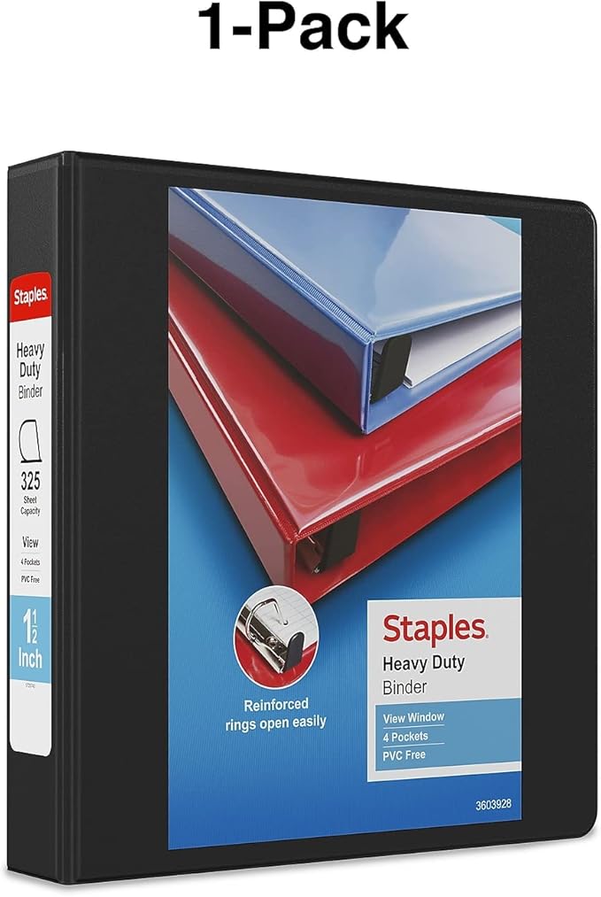 Staples Heavy-Duty 1.5-Inch D-Ring View Binder, Black – Durable 3-Ring Binder for School & Office Organization