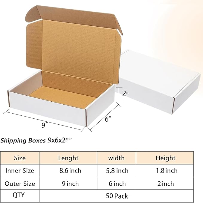 50 Pack 9x6x2 Shipping Boxes, White Corrugated Cardboard Packaging Box for Small Business