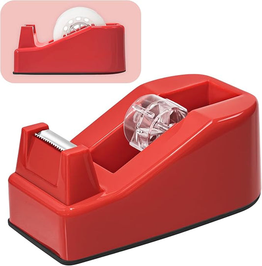 Desktop Office Tape Dispenser, Fits Standard 1-Inch Core Tapes, Weighted Base, Sharp Metal Blade, Smooth Cutting, Adhesive Roll Holder for Office, School, Shop, Home & Business - Red