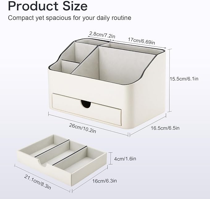 PU Leather Desk Organizer with Drawer, 5 Compartments Desktop Storage Caddy for Office Home Supplies, Pen Holder for Remote Control, Phone & Accessories, Mail Organizer Countertop Ivory White