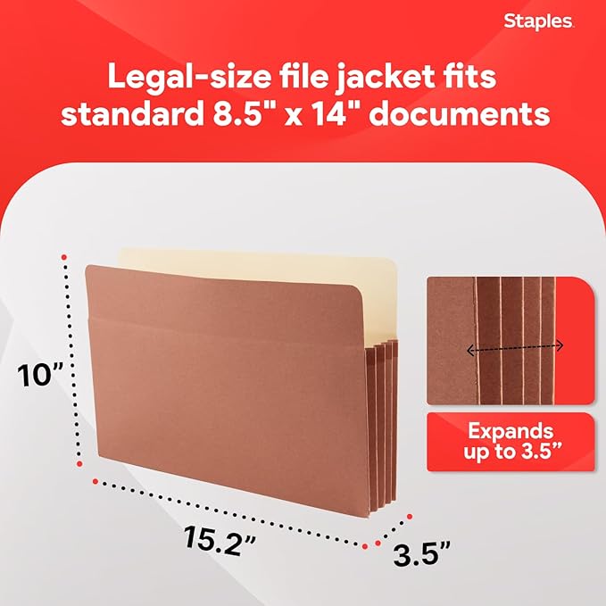 Staples Reinforced Expanding File Pockets, Legal Size, 3.5‑Inch Expansion, Heavy‑Duty Brown Accordion Folders – 25/Pack