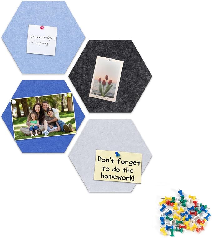 4 Pack Hexagon Felt Bulletin Board Tiles - 12" Large Thick Pin Board for Walls with 30 Push Pins, DIY Boards for Office Home School Decor, Aesthetic Hex Cork Board Alternative