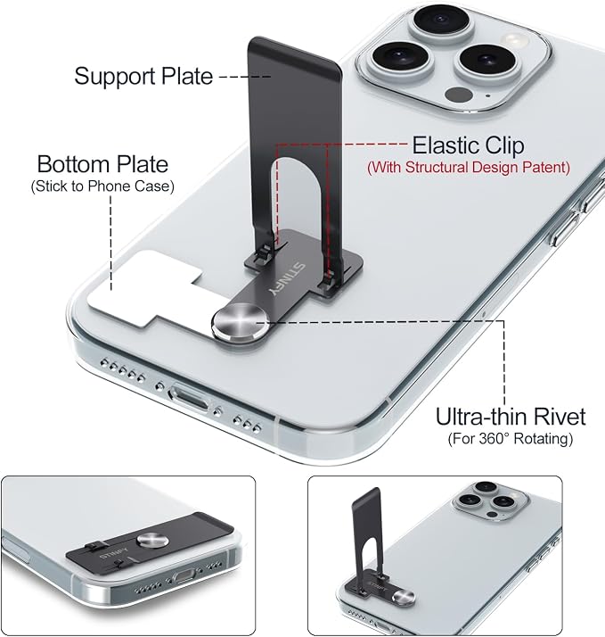 Phone Slim Kickstand, Ultra Thin Vertical and Horizontal 360° Rotating Universal Steel Metal Stable Stand Pocket Friendly Sticky Holder for iPhone Samsung Cellphone Case (Black 2-Pack)