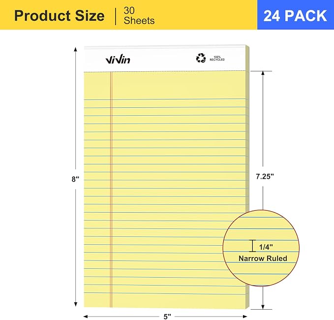 ViVin Legal Pads 5" x 8", 24 Pack, Narrow Ruled, Perforated Notepads | 30 Sheets Per Note Pads, Small Writing Pads Ideal for Home, Office, Business, Canary Yellow Paper