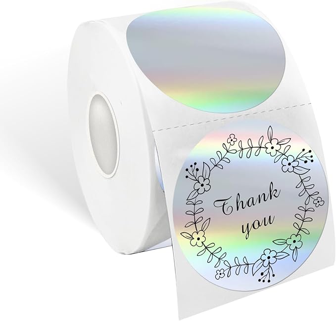 2" Circle Holographic Thermal Label Stickers Silver, Self-Adhesive Circle Direct Thermal Labels, Multi-Purpose Roll Sticker Labels for DIY Logo Design, QR Code, Name Tag（ 300 Labels,1 Roll）