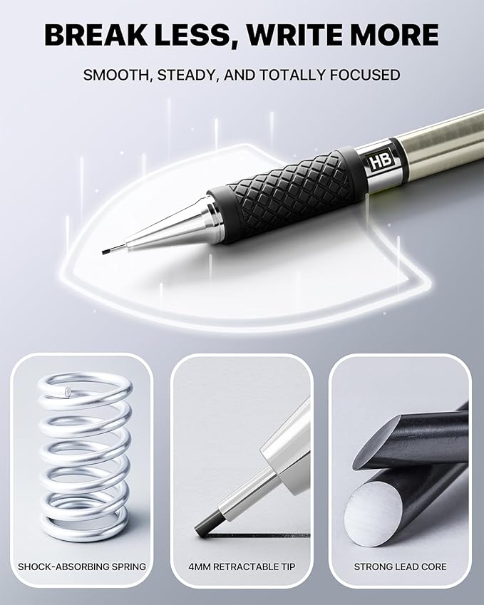 6PCS Metal Mechanical Pencil Set with 0.5 mm Fine Point, 360 Leads, 12 Erasers, Art Mechanical Pencils Pack with Storage Case for School Writing, Sketching, Drawing & Professional Drafting
