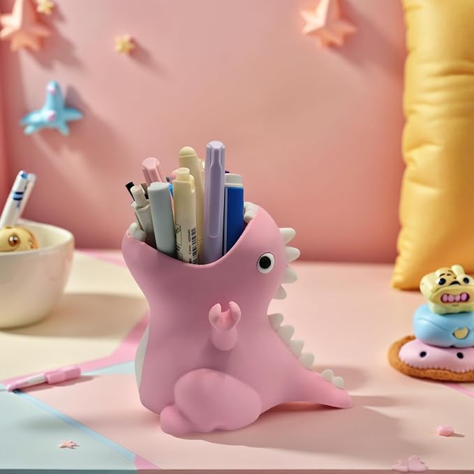 TIME&TRAVE Cute Dinosaur Pen Holder for Desk, Creative Pencil Holder Desk Organizers, Office Supplies Decorations Idea Gift for Women Kids (Pink)