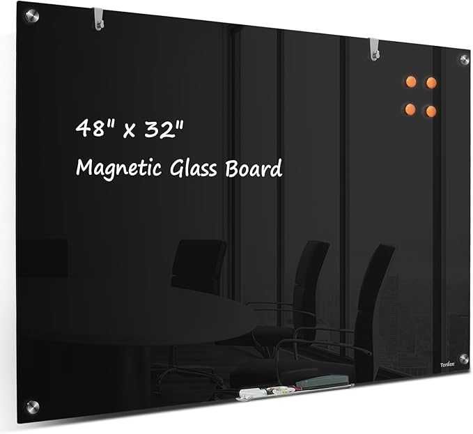 Glass Whiteboard 48x32 Black Magnetic White Board Dry Erase Board for Wall | Magnetic Surface, Dry Erase, Large Frameless Glass Whiteboard, Ideal for Office Home School Classroom Kitchen