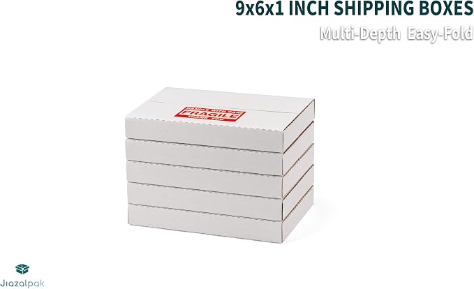 9x6x1 Inch Shipping Boxes for DVDs, CDs, Books Mailing, 50 Pack | Multi-Depth, Easy-Fold, Corrugated Cardboard, Includes Fragile Stickers, Single-sided White