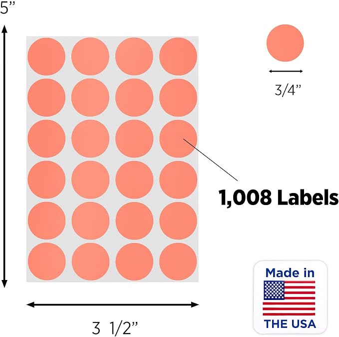 Salmon Dot Stickers, 3/4 Inch, 1008/Pack | Semi-Gloss Paper Circle Labels for Offices, Retail, Classrooms, and Warehouses. Made in USA