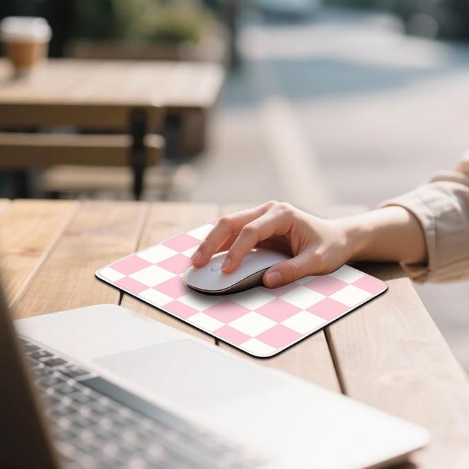 Mouse Pad for Desk with Stitched Edge, Premium Cute Washable Mouse Pads. Computer Mousepad with Non-Slip Rubber Base, Mousepads for Laptop, 9.25x7.75x0.12 inch (Pink Checkers)