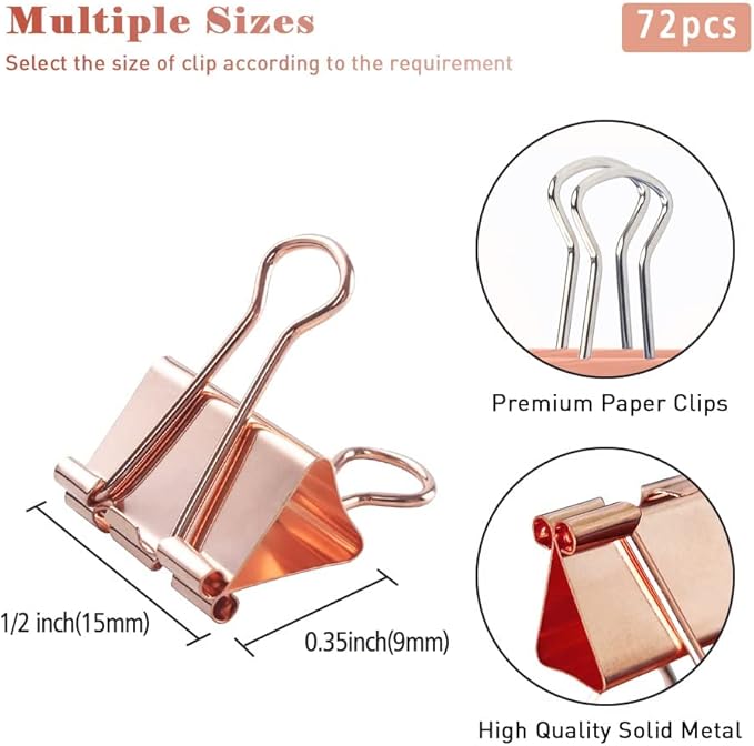 Mini Binder Clips, 120 Pack, 5/8 Inch, Standard 15mm, Rose Gold, Binder Paper Clips, Fold Clamp, Capacity 0.23 Inch, Paper Clips, Office Supplies, with mini stroage Boxes