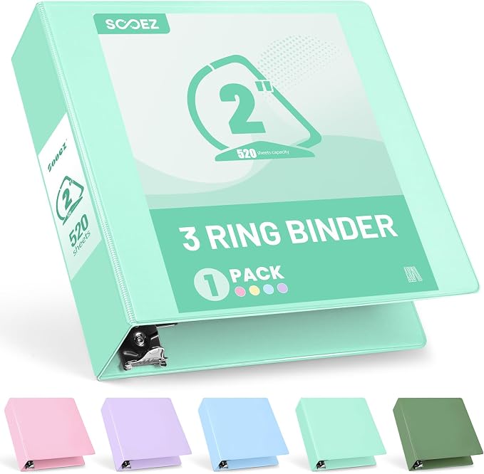 Sooez 3 Ring Binder 2 Inch, D-Ring Binder with Pocket, Light Green, 8.5x11 | Holds 520-Sheet of Letter Paper, Extra Durable, PVC-Free, Clear View Cover, Interior Pockets, Eco-Friendly, School, Office